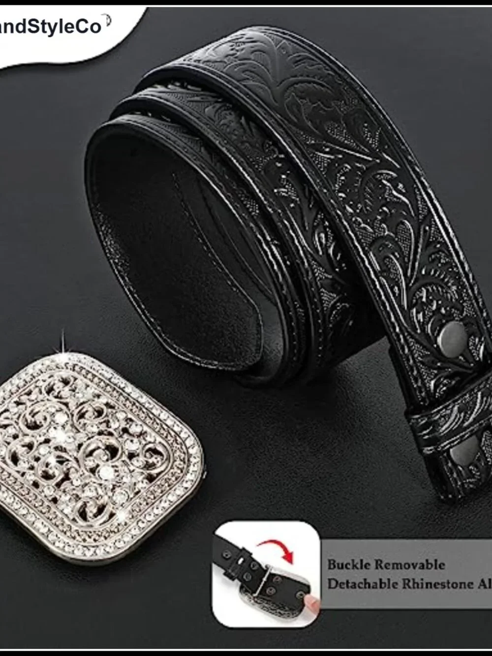 Genuine Leather Western Belt with Rhinestone Buckle, Unisex Cowgirl Cowboy Belt